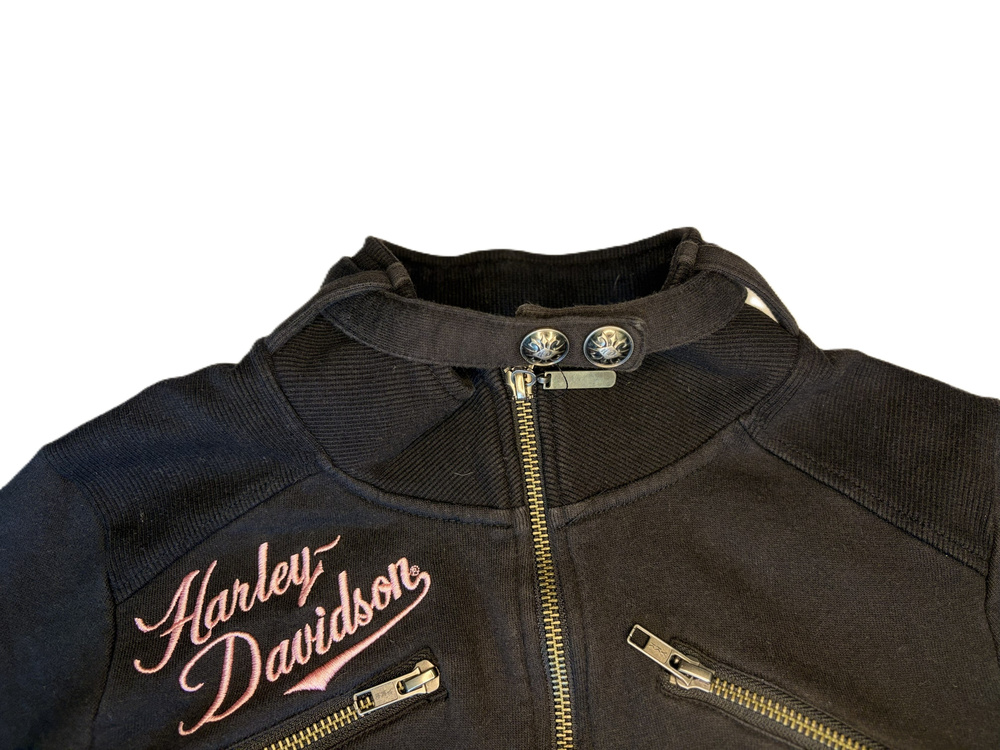 Harley Davidson Zip Up Jacket Black Pink Embroidered Womens Size Small - Picture 3 of 8